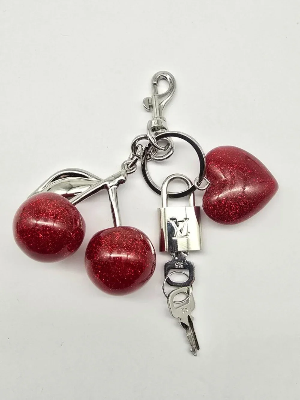 Authentic Louis Vuitton Silver Padlock with Unbranded Red Cherry Charm